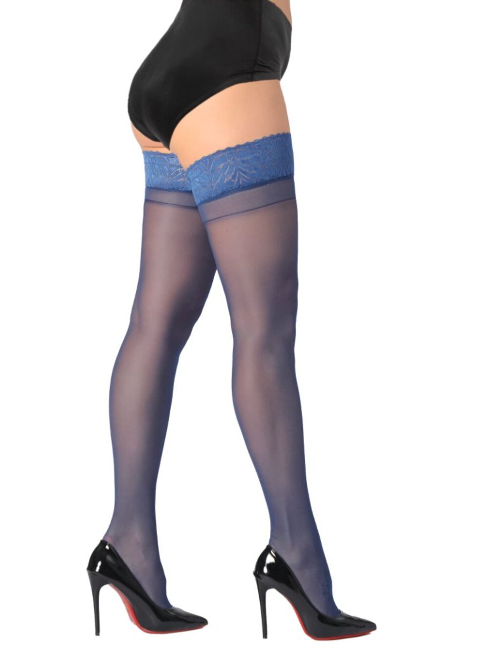Thigh High Stockings with Silicone Lace Top Stay Up Silky 20D Sheer Blue